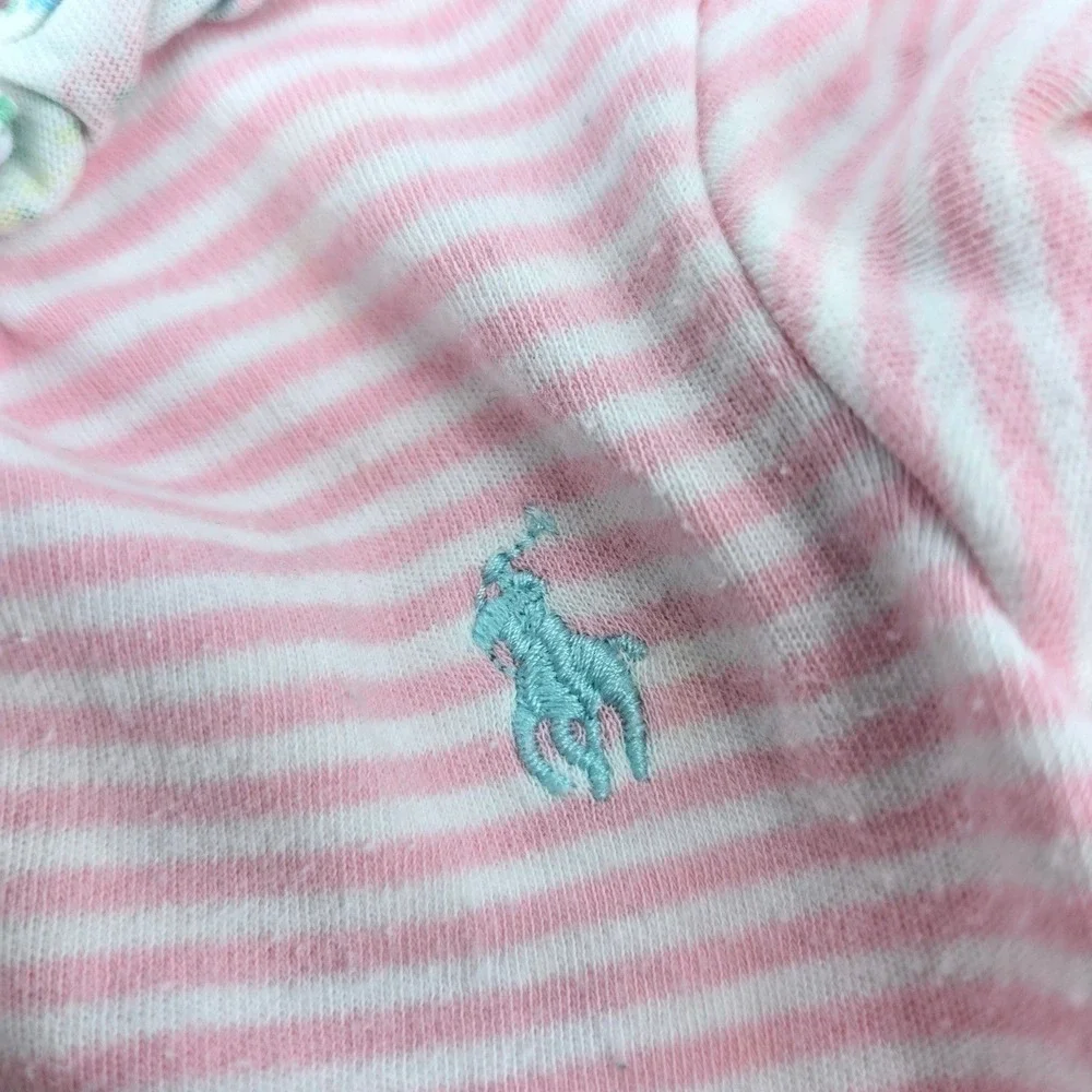 Polo Ralph Lauren Baby Girl‎ Pink White Striped Floral Ruffle Bubble Romper 6M